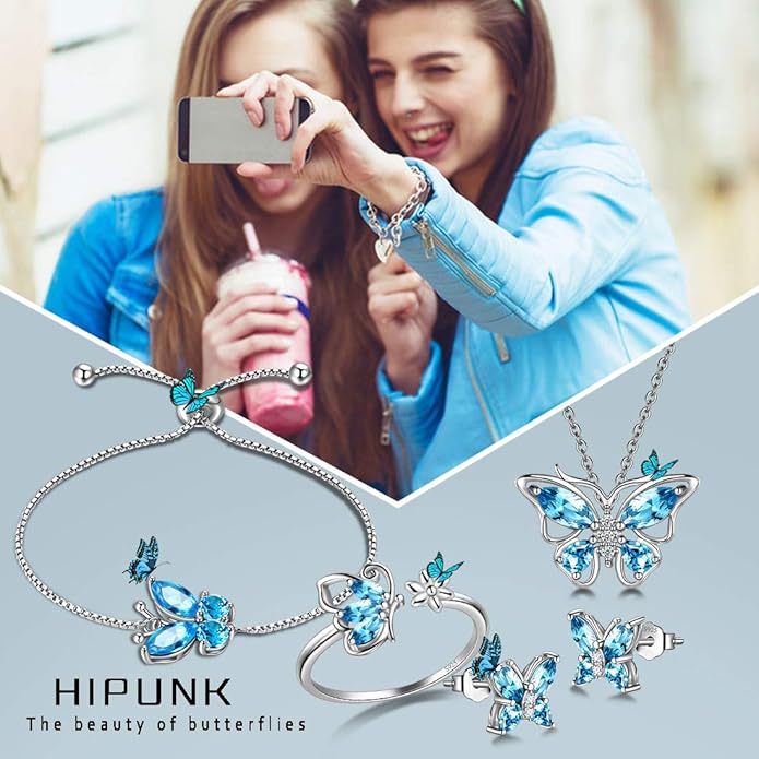 925 Sterling Silver Birthstone Butterfly Jewelry Women Crystal Animal Cute Butterflies Birthday Necklace/Earring/Ring/Bracelet Sets Birth Stone Statement Anniversary Jewellery