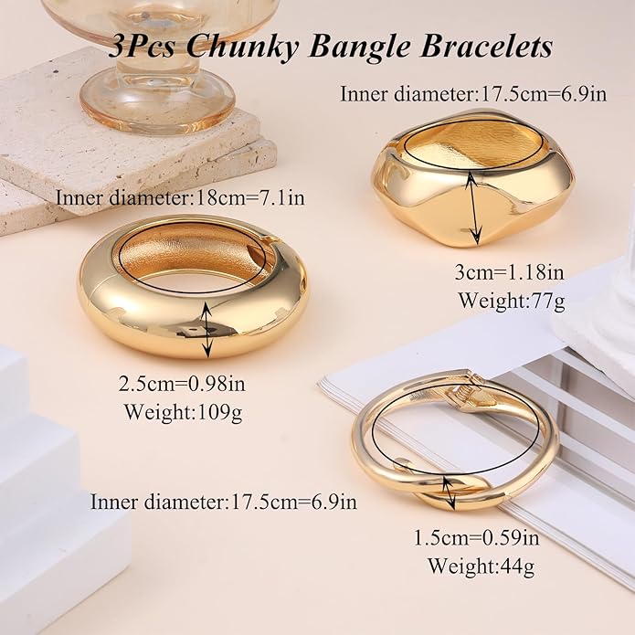 SAMOCO 3Pcs Chunky Gold Bangle Bracelets for Women Trendy Wide Wrist Cuff Bracelets Stack Statement Bangle Fashion Gifts