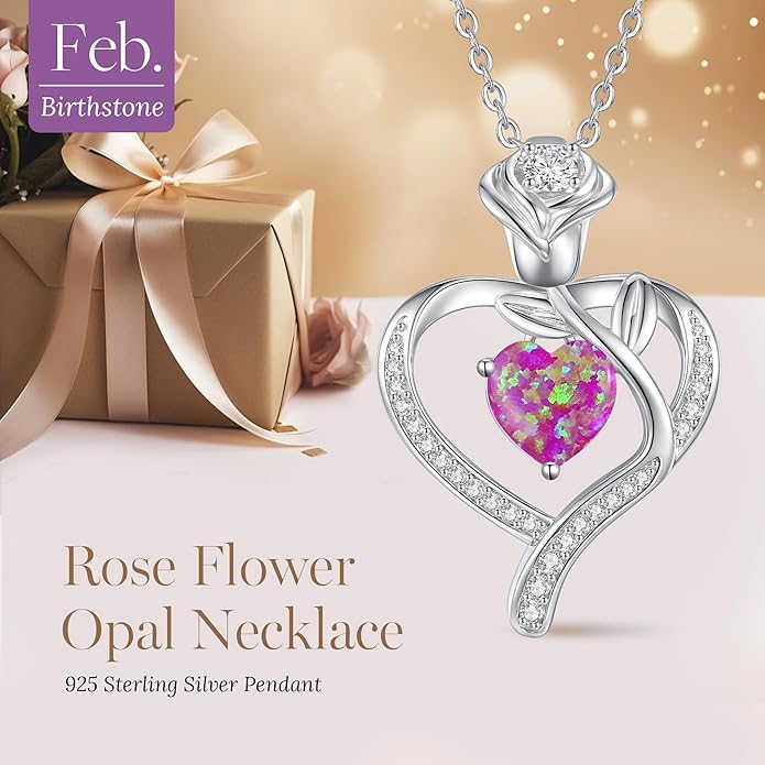 LOUISA SECRET Rose Flower Heart Birthstone Necklaces for Women, 925 Sterling Silver Fine Jewelry, Pendant Heart Necklaces Birthday Anniversary Christmas Gift for Women Wife Mom Girlfriend Lady