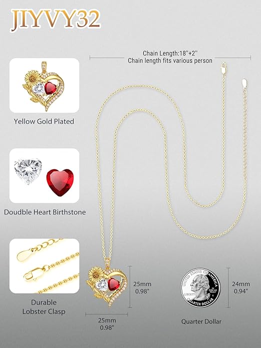 Sunflower Heart Necklace for Women 14K Gold Exquisite Valentines Day Anniversary Birthday Gifts for Wife Mother Her Double Birthstone Pendant Jewelry‘You Are My Sunshine’