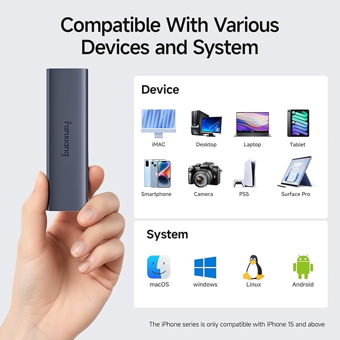 fanxiang 2TB External SSD - Portable SSD External Solid State Drive, 1000MB/s,USB 3.2 Gen2 Type-C, Aluminum Alloy, External Hard Drive for iPhone15/16,Android, Mac, Windows -PS1008