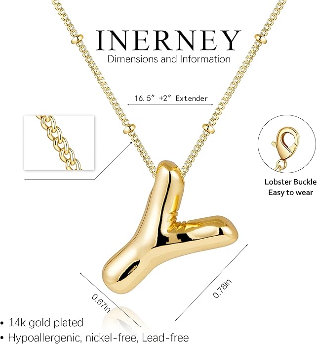 Inerney Valentines Day Gifts Gold Bubble Letter Necklace Initial Necklaces for Women, Chunky 14K Plated Balloon Initials, Trendy Charm Non Tarnish Custom Name Pendant Jewelry Gifts for Mom
