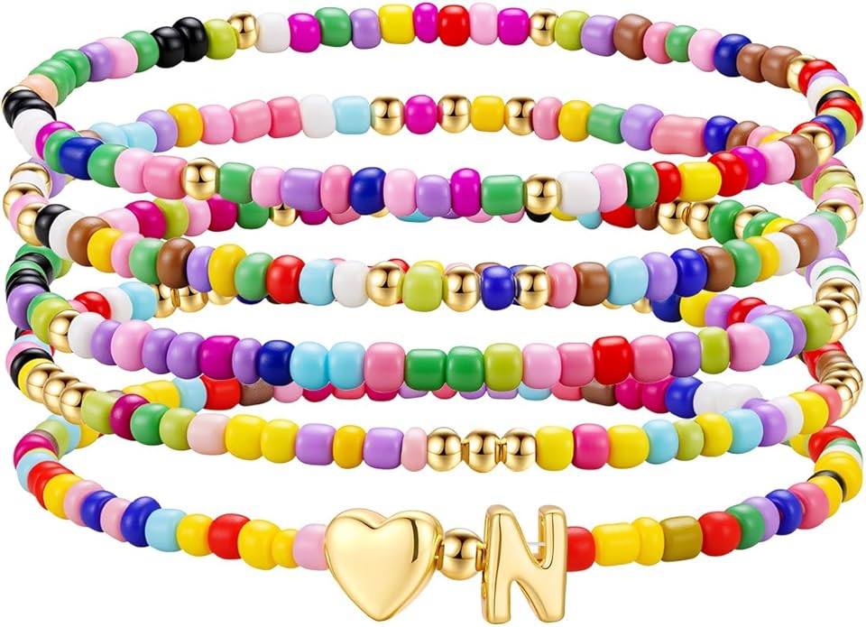 M MOOHAM Valentines Gifts for Kids - 5PCS Colorful Beaded Initial Bracelets for Girls Women Cute Stretch Heart Letter Bracelet Initial Stackable Bracelet Birthday Gift Jewelry for Kids Teen Girl