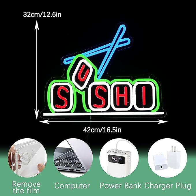 Sushi Neon Sign for Business Decor Delicious Sushi Neon Light Dimmable Japanese Food Light Up Sign for Restaurant Food Shop Storefront Window Store Kitchen (16.5 * 12.5 In)