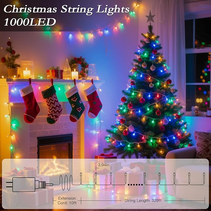 328FT 1000 LED Christmas Tree Lights, Bright Multicolor Outdoor Christmas String Lights for House, Fairy Lights with 8 Modes, Waterproof & Durable Indoor Outdoor Decor, Timer Included