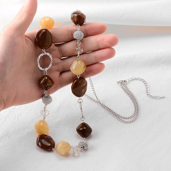 BULINLIN Beaded Long Necklace for Women Silver Sweater Chain Necklace with Crystal Resin Beads, Fashion Jewelry Necklace