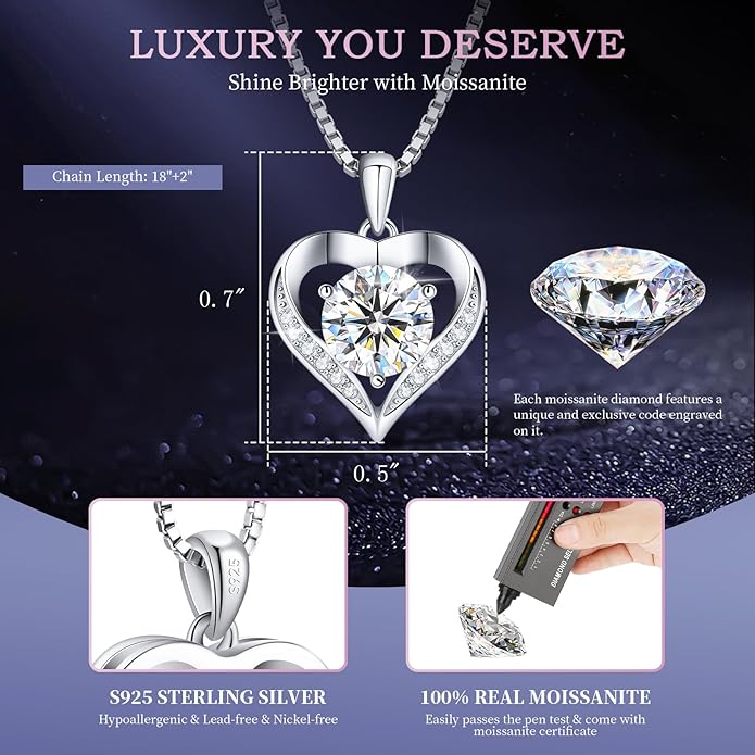 Gorgeous Moissanite Necklaces for Women - Valentine's Day Gifts for Wife Girlfriend, 925 Sterling Silver 1-3CT Moissanite Pendant Jewelry, Wedding Anniversary Birthday Christmas for Mom