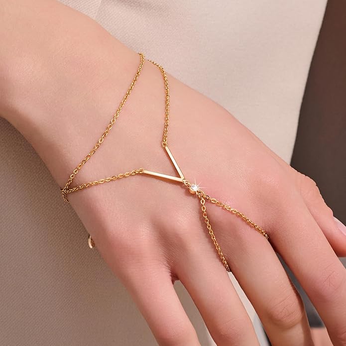 YOIHUR Champagne Gold Plated Hand Chains for Women, Adjustable Hand Chain Bracelet and Ring, Gold Hand Chain Bracelets Stack Jewellery Stars and Cubic Zirconia Hand Jewelry for Valentine's Day