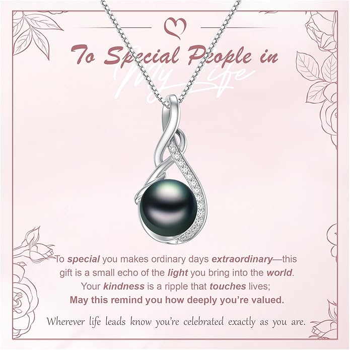Tahitian Black Pearl 18K White Gold Plated Sterling Silver Heart/Infinity/Four Leaf Clover Pendant Necklace Jewelry Gifts for Women Wife Mom Girlfriend Wedding Birthday Anniversary Christmas
