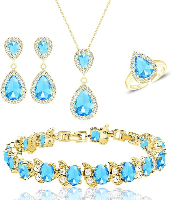 LMXXVJ Teardrop Jewelry Set for Women，Necklace Earrings Adjustable Ring Bracelet Set Fashion Formal Platinum/Gold/Rose Gold Jewelry Gift Girl/Mom/Wife/Grandmother/Best Friend/Aunt