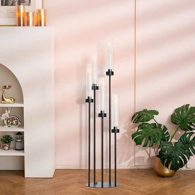 39.8''Matte Black Candle Holder with Acrylic Shades Tall 5 Arm Candelabra Black Table Centerpiece 10PCS for Wedding Living Dining Room Fireplace Decoration Fit 0.98''LED Taper Candle