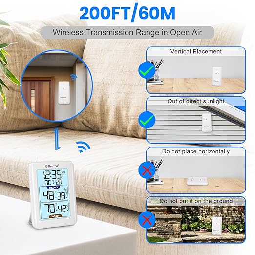 Geevon Digital Hygrometer Indoor Outdoor Thermometer Wireless with Clock, Backlight Temperature Gauge Humidity Monitor, Inside Outside Thermometer with 200ft/60m Range Remote Sensor,White