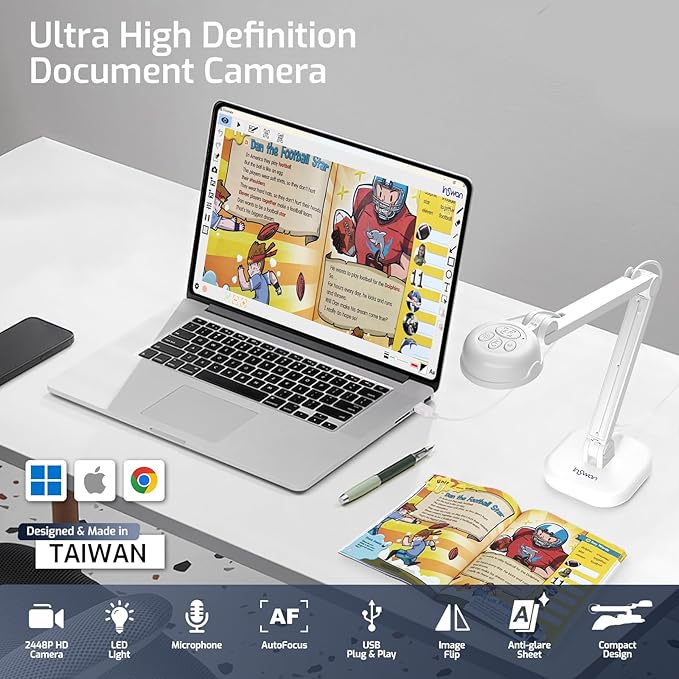 INS-1 USB Document Camera — 8MP Ultra HD, Auto Focus, LED Light, Built-in Microphone, Mac OS, Windows, Chromebook Compatible for Distance Learning, Remote Teaching, Web Conferencing, Live Demo