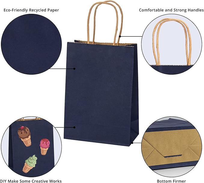 100 Pack 5.9x3.15x8.26 inch Small Gift Bags, Kraft Dark Blue Bags with Handles Bulk for Birthday Party Favors,Gift Paper Bags,Retail Shopping Business Goody Craft Gift Bags