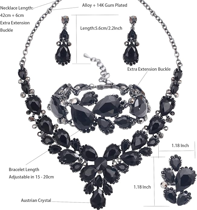 Women's Wedding Bridal Austrian Crystal Glass Teardrop Statement Necklace Dangle Earrings Bracelet Ring Wedding Party Jewelry Set for Bridal Bridesmaid