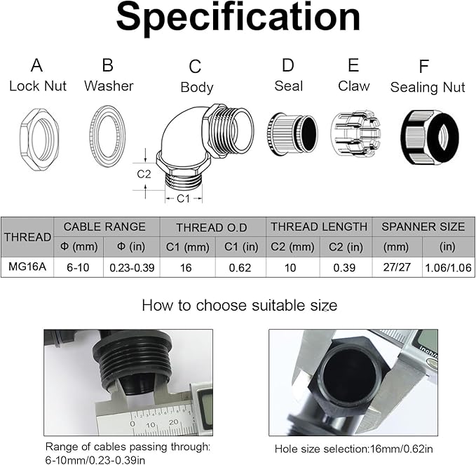 LeMotech M16 Cable Gland, 90 Degree Adjustable 6-10mm Strain Relief, Cord Connectors Nylon Joints with Gaskets, 6 Pcs, Black