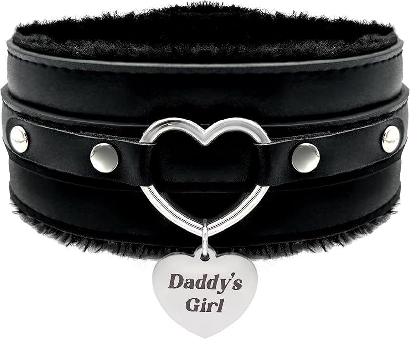 paloli Furry Heart Leather Choker Collar for Women – Personalized Engraved Heart Pendant, Handmade Adjustable Faux Fur Necklace, Cute Gothic Fashion Jewelry