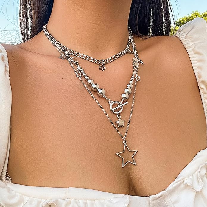 2 Pieces Silver Star Necklace Y2K Jewelry Set Grunge Necklace Kawaii Cute Necklaces Aesthetic Vintage Emo Jewelry