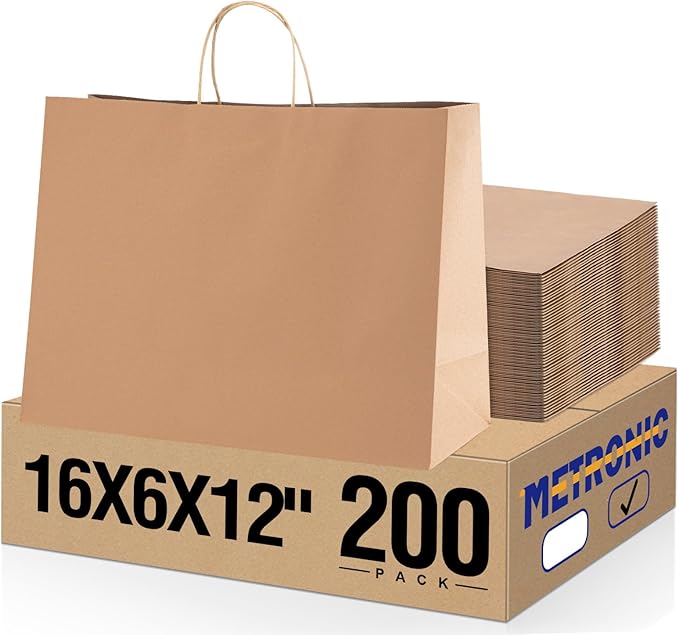 METRONIC Paper Gift Bags 16x6x12'' 200Pcs Brown Paper Bag with Handles Bulk for Small Business, Birthday Wedding Party Favor
