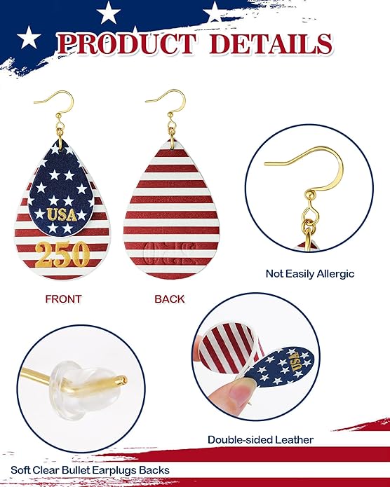 Gold Dangle Earrings for Women - American Flag Teardrop Earrings for 4th of July, Patriotic Independence Memorial Veterans Day Leather Cute Lightweight Fashion Jewelry USA 250th Celebration Gifts