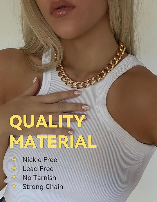 ChainsHouse Cuban Link Chain for Women Chunky Gold Necklace Stainless Steel/Gold Plated Choker Necklaces for Women, 12/16/20 mm Width Thick Chain Choker Punk Hip-Hop Jewelry,18-20"