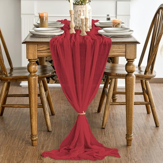 Artoid Mode Boho Red Gauze 6 Pieces Wedding Table Runner, 120 Inch Birthday Fabric Kitchen Dining Holiday Table Decor for Home Party Indoor