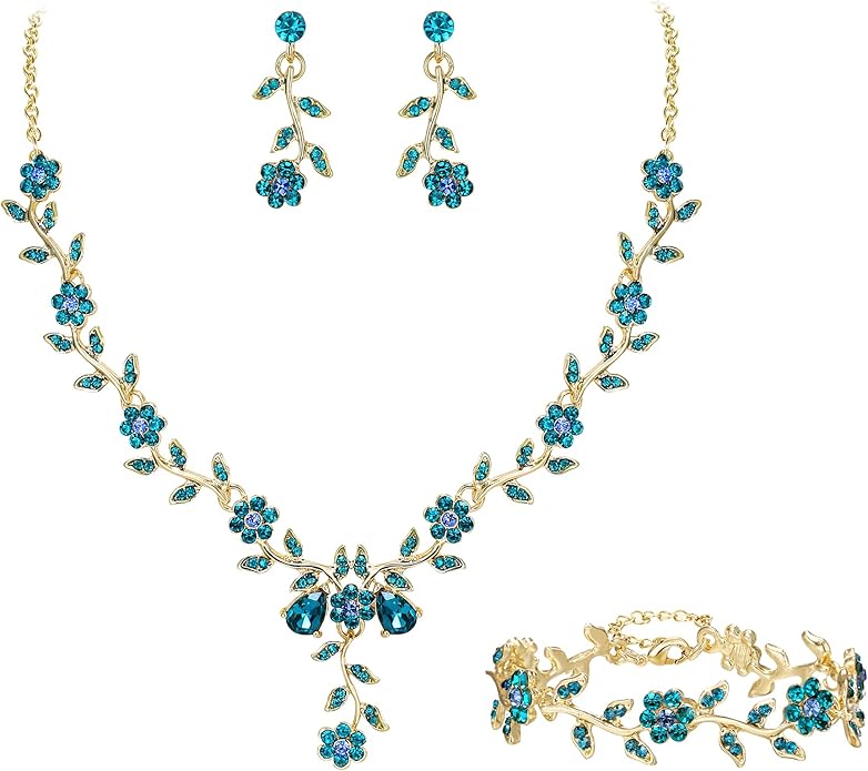 BriLove Women's Wedding Jewelry Leaf Cluster Flower Crystal Dangle Earrings Pendant Necklace Set for Bridal