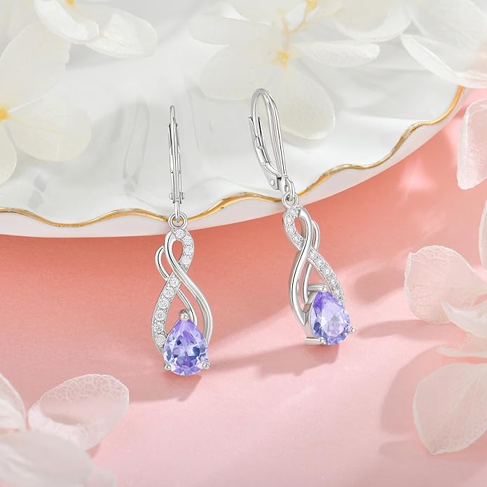 Infinity Love Birthstone Earrings for Women 925 Strling Silver 5A Cubic Zirconia Dangle Drop Leveback Earrings Jewelry Birthday Christmas Day Gifts for Her