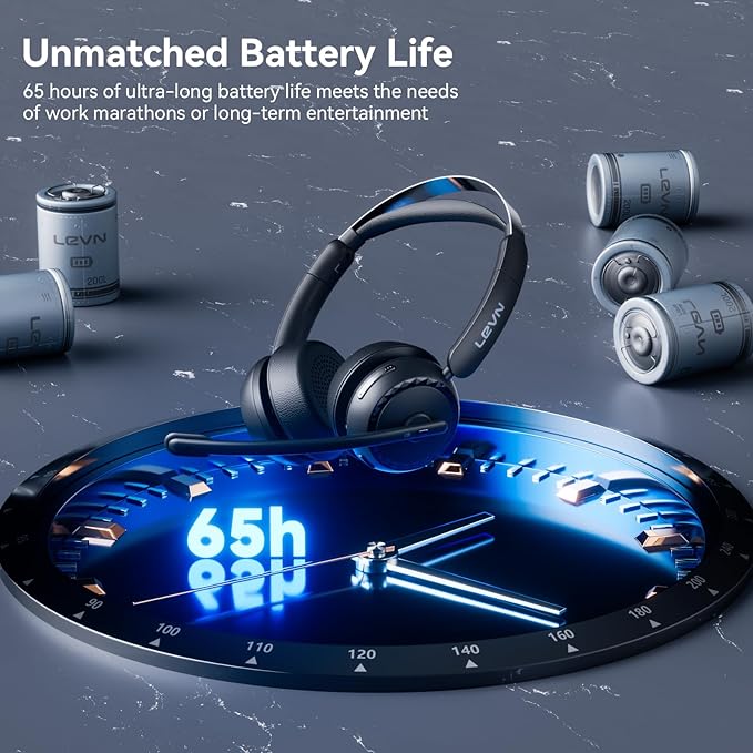 LEVN Wireless Headset, Wireless Headset with Mic for Work, AI Noise Cancelling, 65 Hrs Working Time, Bluetooth Headphones with Microphone from Home/Computer/Call Center/Teams