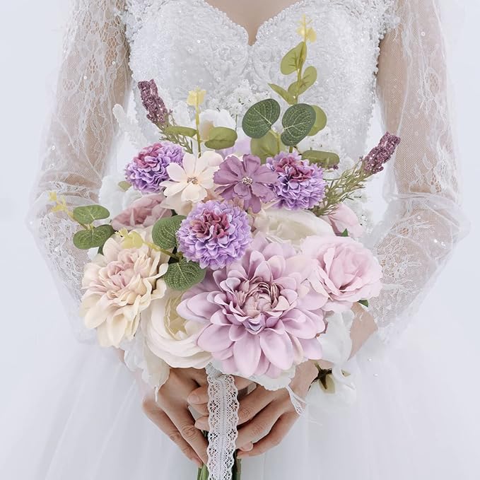 Floweroyal Artificial Flowers Combo Purple Flowers Mix Silk Flowers Dahlia Roses with Stems for DIY Wedding Bridal Bouquets, Baby Shower, Floral Arrangement, Table Centerpieces, Home Decorations.