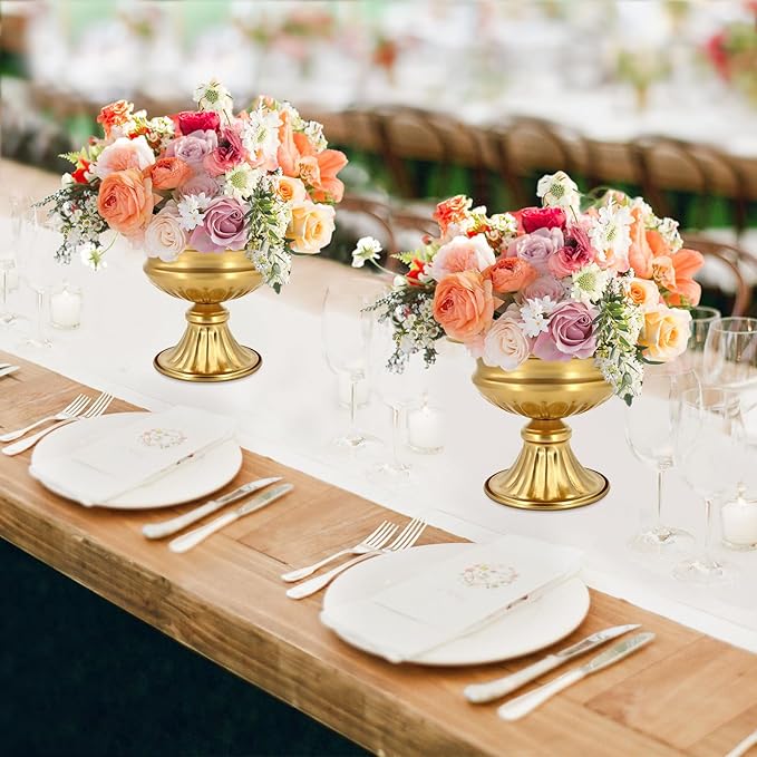 Gold Compote Vases for Centerpieces: Wedding Flower Vase for Tables 6.5 Inch Small Metal Urn Pedestal Bowl for Party Anniversary Event Home Decor Set of 10