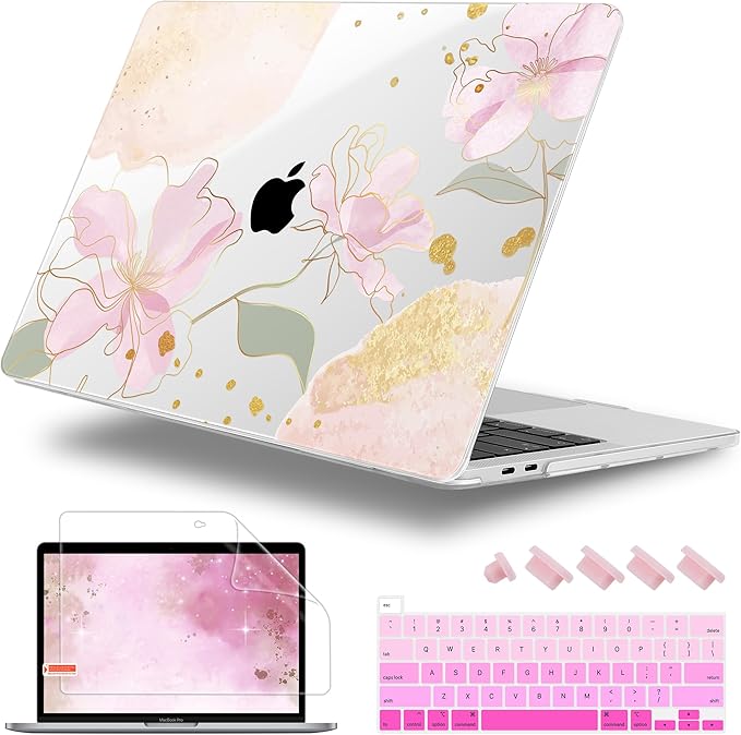 Case for MacBook Pro 13 inch with/Without Touch Bar (2016-2022, M2 A2338 M1 A2289 A2251 A2159 A1989 A1706 A1708), Hard Shell + Keyboard Cover + Dust Plug - Gold Blossom Flowers