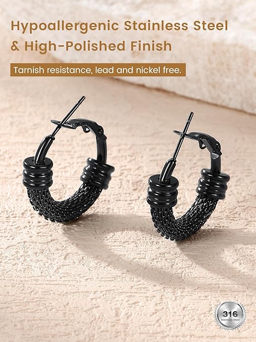 KeyStyle Mesh Hoop Earrings for Women, Stainless Steel Gold Hoops Earring Lightweight Loops, 2MM Thick Hypoallergenic Circle Endless Hollow Hoop 20mm-80mm