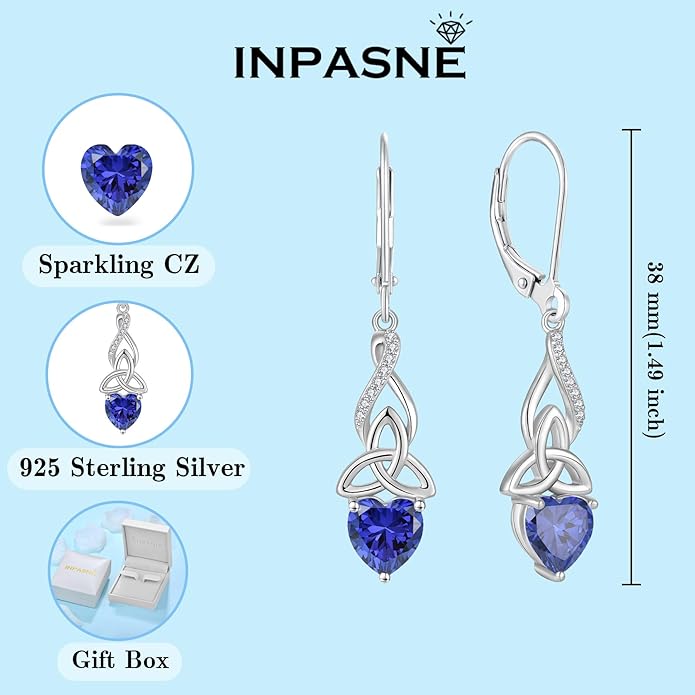 Infinity Celtic Knot Jewelry Set for Women 925 Sterling Silver Irish Necklace Tanzanite Dangle Drop Leverback Earrings and Bracelet December Birthstone Jewelry Gifts for Her