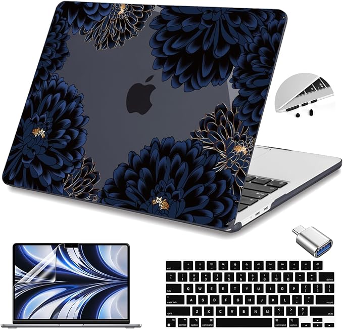 Teryeefi for MacBook Air 13.6 inch Case Release 2022 2023 2024 2025, Fits Model A2681 A3113, Design Pattern Slim Cover+Keyboard Cover+OTG Adapter for 13.6 inch MacBook Air M2 M3, Chrysanthemums