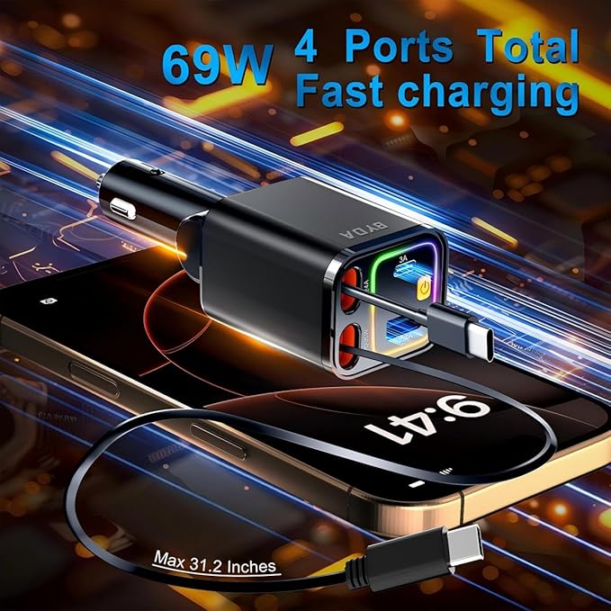 4 in 1 Retractable Car Charger for iPhone,69W USB-C Fast Car Charger,Cigarette Lighter Adapter,Fast Charging for iPhone 16/15/14/13/12/11 Pro Max,Galaxy,iPad,Pixel (USB-C&Light-ning) Alloy Black