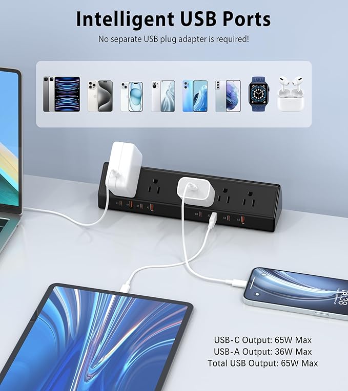 Desk Clamp Power Strip 65W Fast Charging Station,4 PD USB-C,5 Outlets,Nightstand Desk Edge Mount Tower Surge Protector,15 Amp Heavy Duty Power Strip,Fits 1.96" Tabletop Edge (Black, 10 FT Cable)