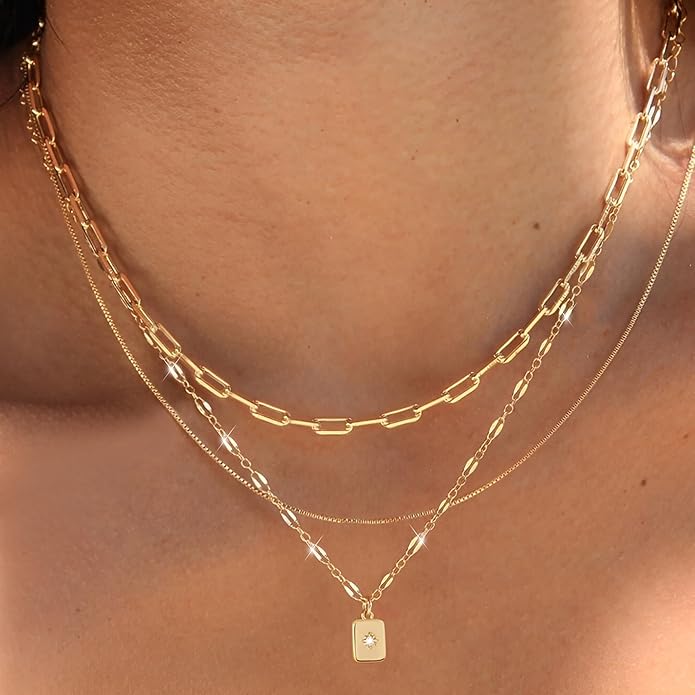 YEEZII Layered Gold Necklaces for Women Trendy, 3 Pcs 14K Gold Plated Choker Paperclip Box Chain Necklace, Stackable Women's Gold Pendant Necklaces Jewelry Set