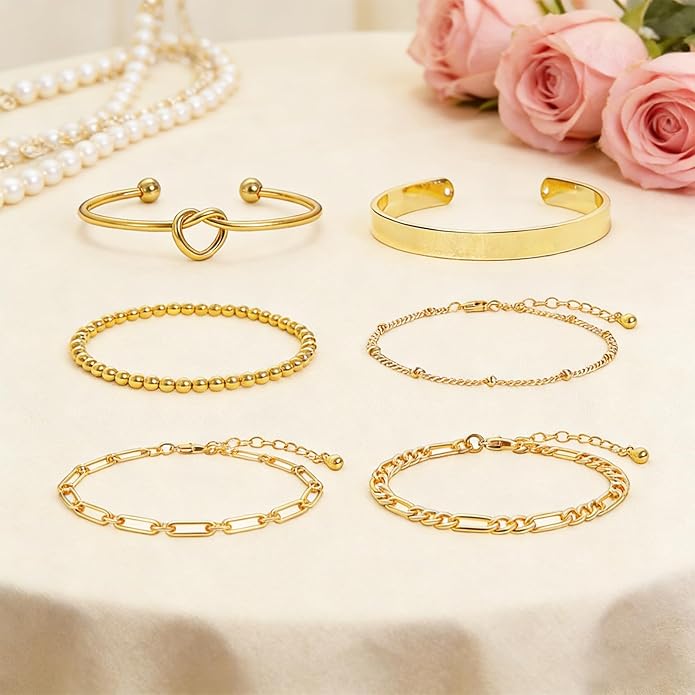 6 Pcs Chic Gold Bracelets for Women 14K Gold Plated Stack Bracelets for Women Stackable Bracelets for Women Fashion Jewelry