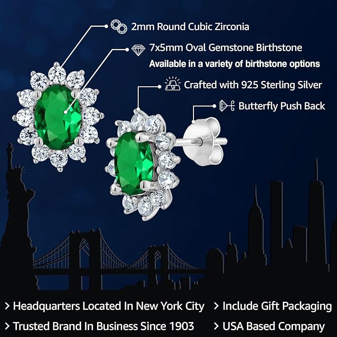 Gem Stone King 7X5MM Oval Gemstone Birthstone Stud Earrings For Women | Princess Diana Royal Halo Style | 925 Sterling Silver | Fine Jewelry Gifts for Anniversary Wedding Her Mom Women Wife