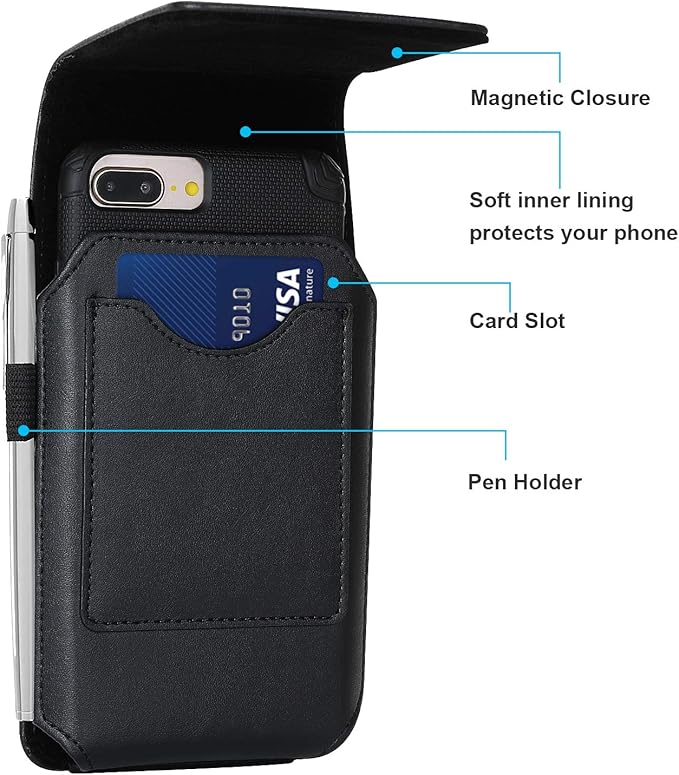 BECPLT Leather Holster Belt Case for iPhone 16 Pro/15/14/13/12/11 Pro & Galaxy S25/S24/S23/S22/S21/S20 - Slim Hard Case with Clip/Loops - Black