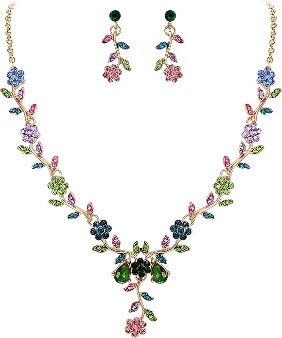 BriLove Women's Wedding Jewelry Leaf Cluster Flower Crystal Dangle Earrings Pendant Necklace Set for Bridal