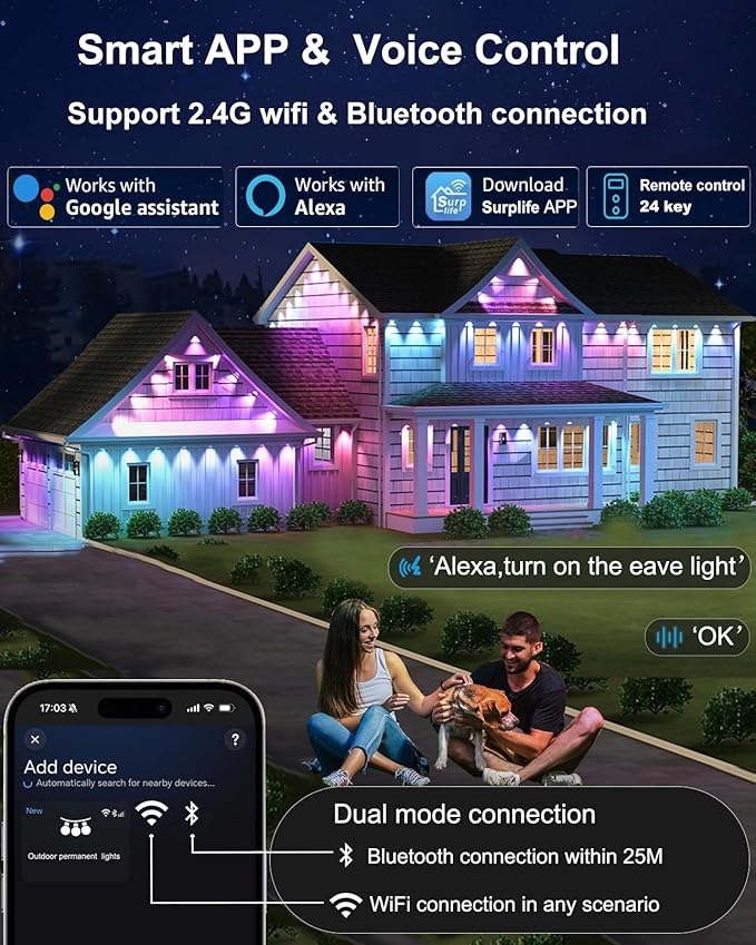 100ft Permanent Outdoor Smart Lights Pro with 60 RGBCW+IC LEDs & WiFi/Alexa Control, IP68 Waterproof Christmas Lights Outdoor Year-Round Lighting 108 Scene Modes for Daily, Halloween Décor