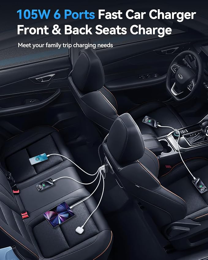 Rocoren 105W 6-Port Multiport Car Charger, PD Fast USB C Car Charger for Multiple Devices,Cigarette Lighter Adapter Car Travel Essentials for Road Trips with 5FT Cable,Car Accessories for iPhone 16/15