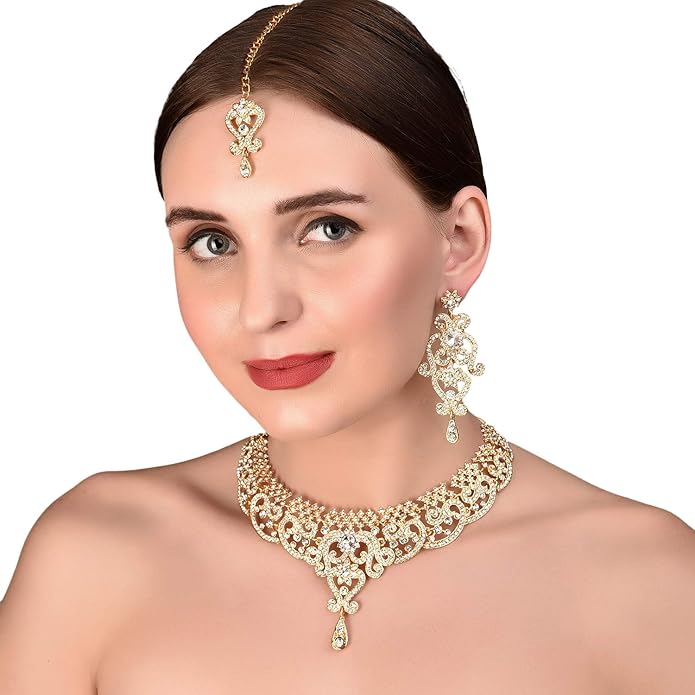 Touchstone Indian jewelry set for women bollywood gold jewellery wedding outfits necklace sets earrings bridal maang tikka fancy costume girls big desi accessories rhinestone in gold or silver tone