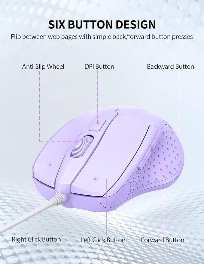 TECKNET Wired Mouse, 6-Button Corded with 4 Adjustable DPI, Optical Ergonomic Design, 5FT Cord for Laptop, Chromebook, PC, Desktop, Mac, Notebook - LT.Purple