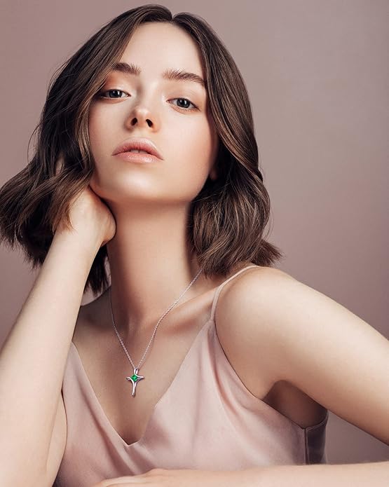 Cross Necklace for Women, 925 Sterling Silver Birthstone Necklace for Women with Diamond Sideways Cross Necklaces Birthstone Jewelry Birthday Gifts for Womens