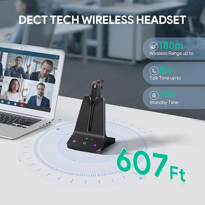 Yealink DECT Wireless Headset WH63 E2 UC, Zoom Teams Certified,Single Ear (Mono) Convertible Headset,Connects to Desk Phone&Computer,Noise Canceling Microphone,3 Wearing Styles