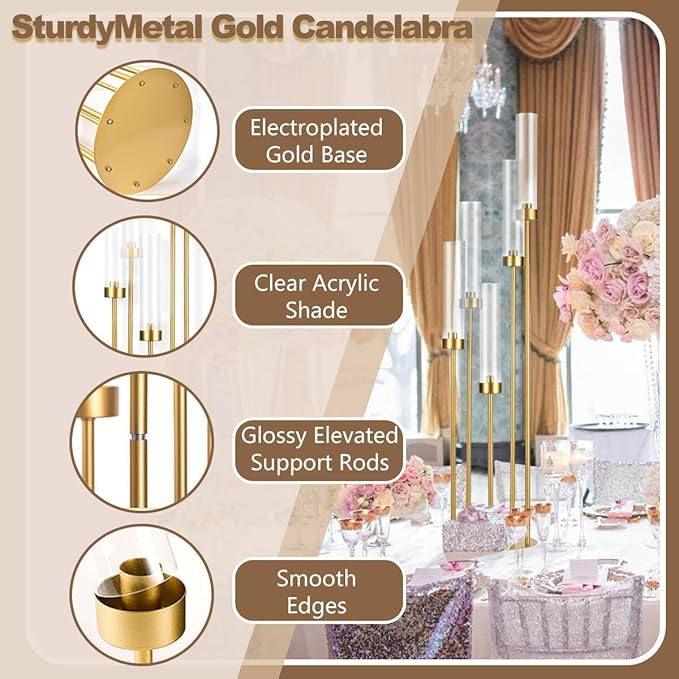 39.4'' Tall Gold Floor Candelabra，Set of 8PCS 5 Arm Candle Holder Tall Floor Candle Holder with Acrylic Lampshade for Wedding Table Birthday Party Home Decoration Fit LED Taper Candles