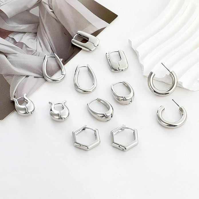 Wgoud 6 Pairs Gold Hoop Earrings Set for Women, 14K Gold Plated Hypoallergenic Lightweight Chunky Open Huggie Hoops Earrings Jewelry for Gifts.